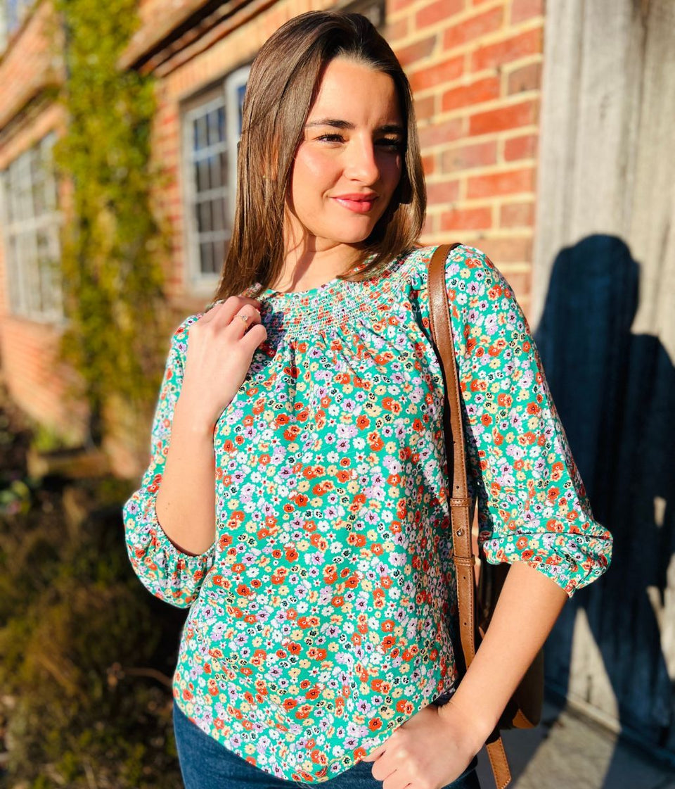 Green Ditsy Print Smocked Neck Top