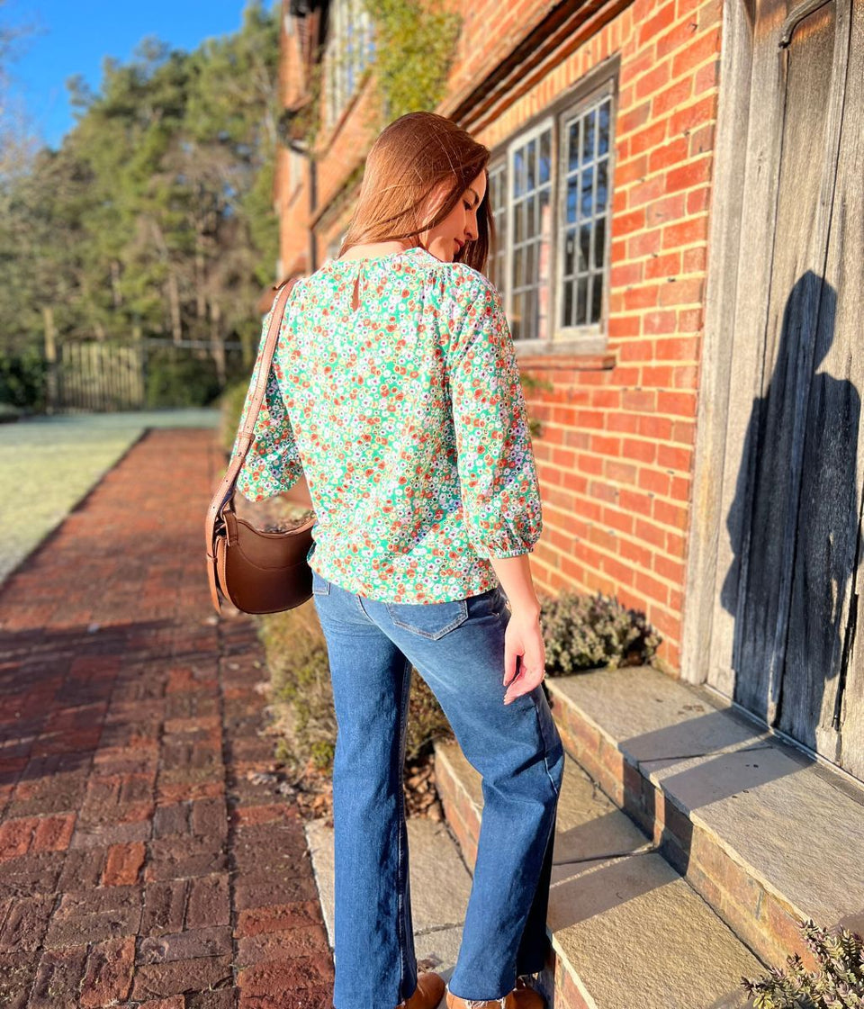 Green Ditsy Print Smocked Neck Top