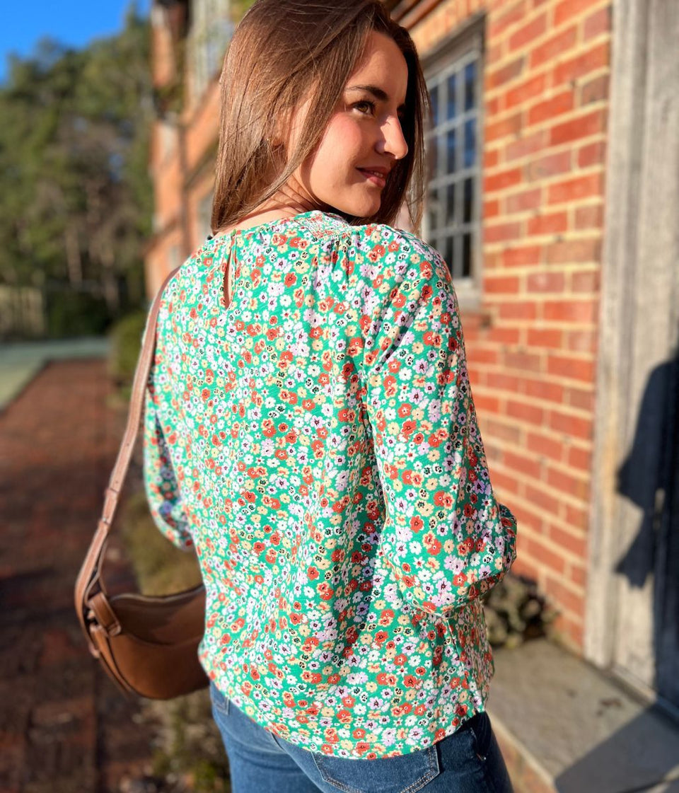 Green Ditsy Print Smocked Neck Top
