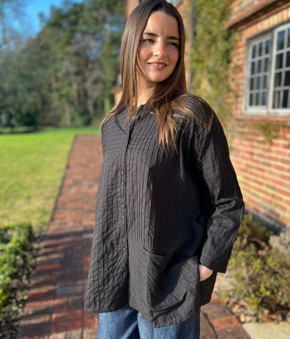 Black Cotton Oversized Grandad Collar Shirt