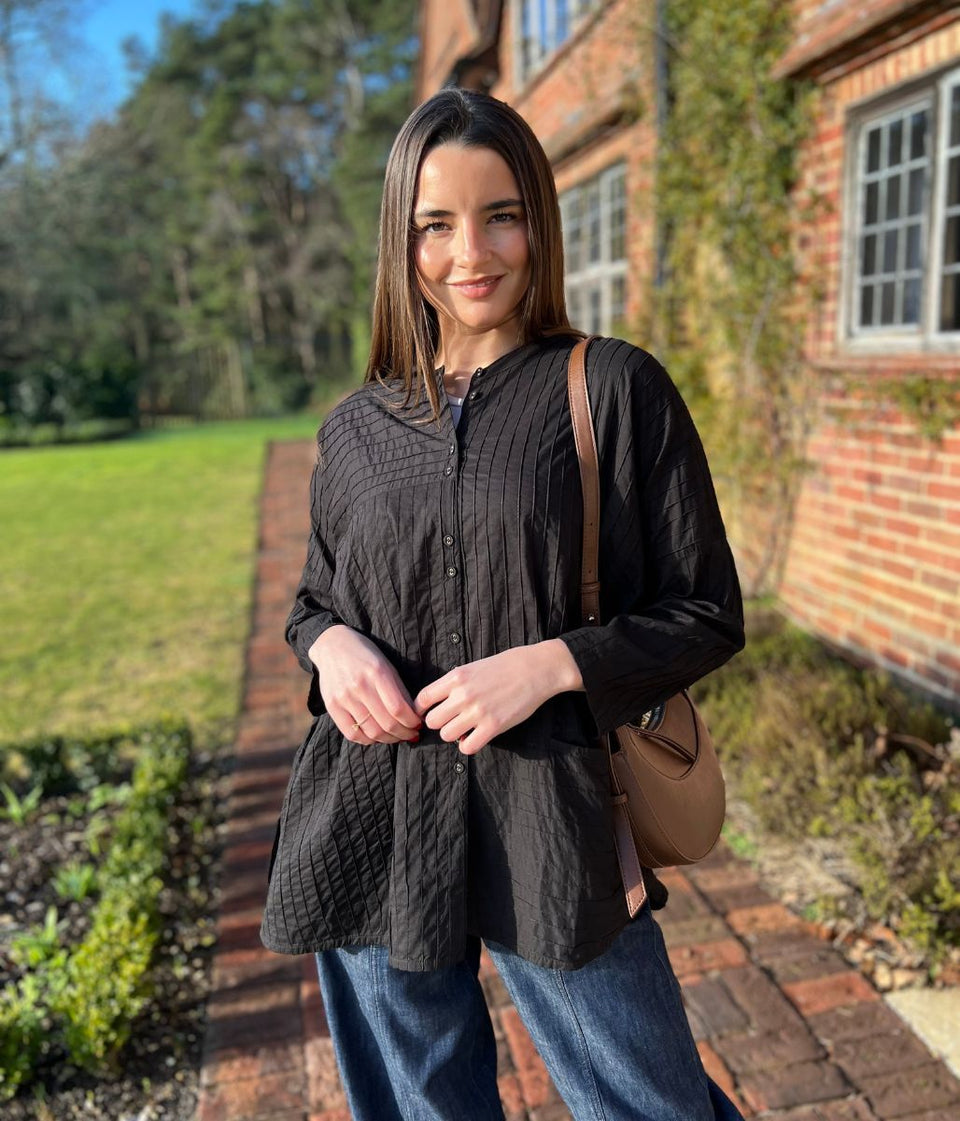 Black Cotton Oversized Grandad Collar Shirt