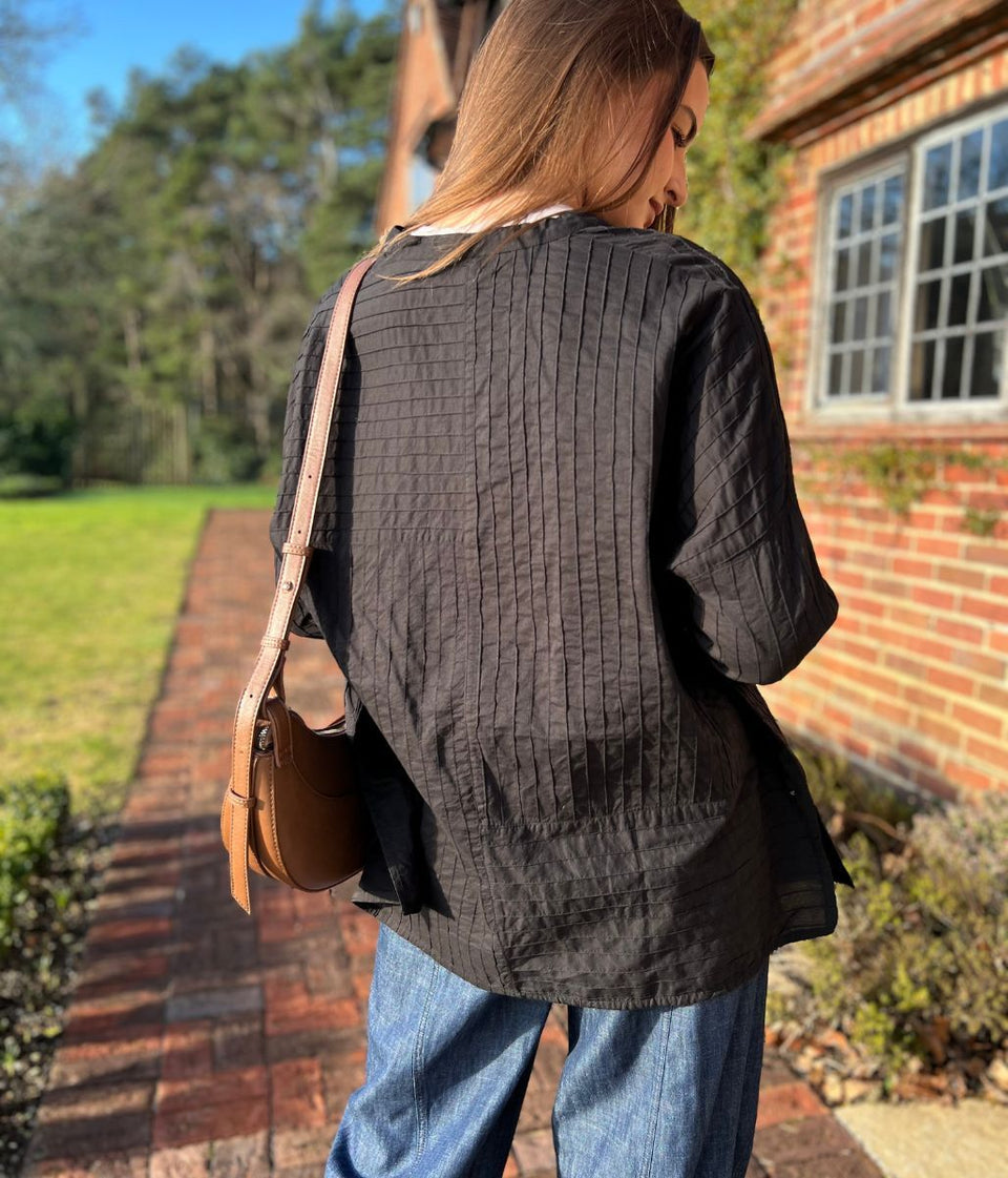 Black Cotton Oversized Grandad Collar Shirt