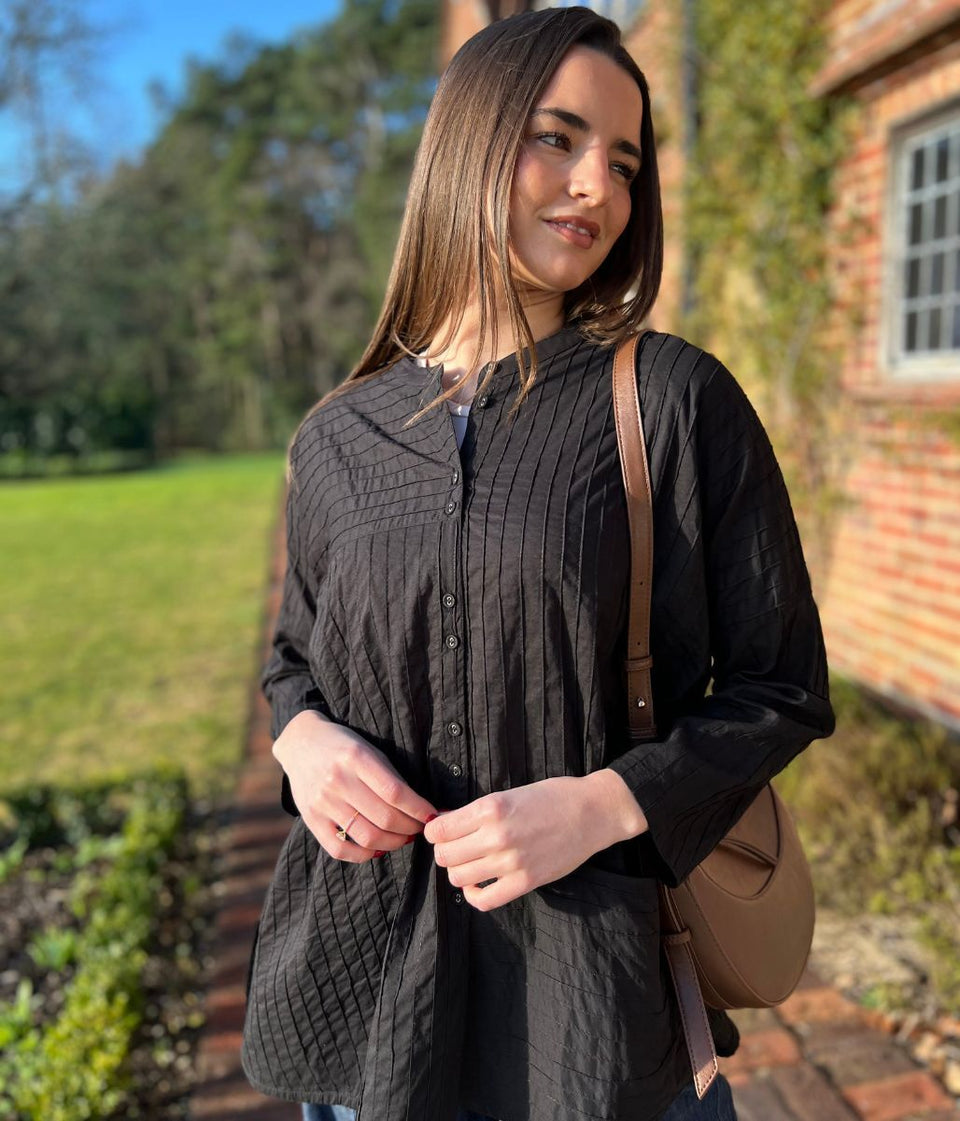 Black Cotton Oversized Grandad Collar Shirt