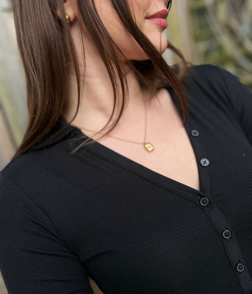 Black Ribbed Button Down Collar Polo Top