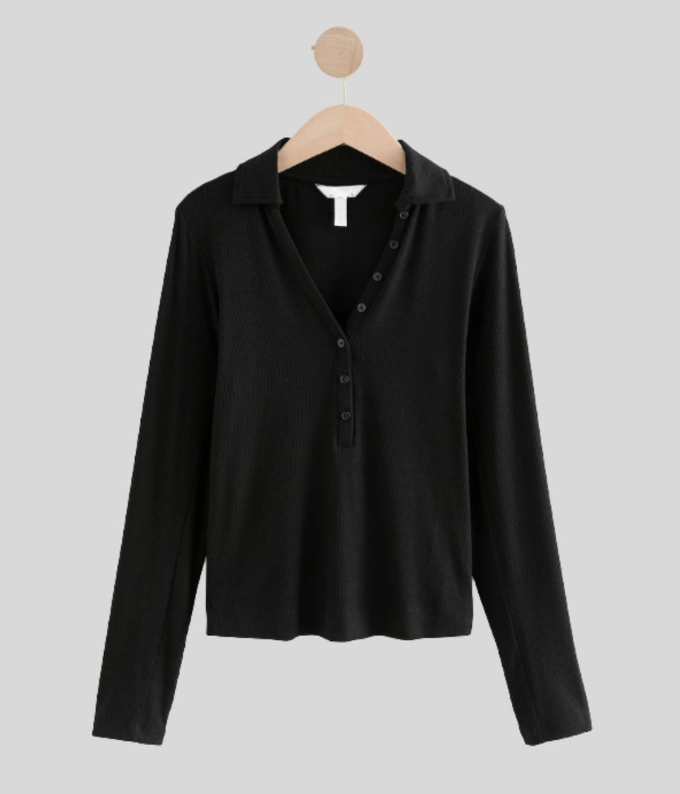 Black Ribbed Button Down Collar Polo Top