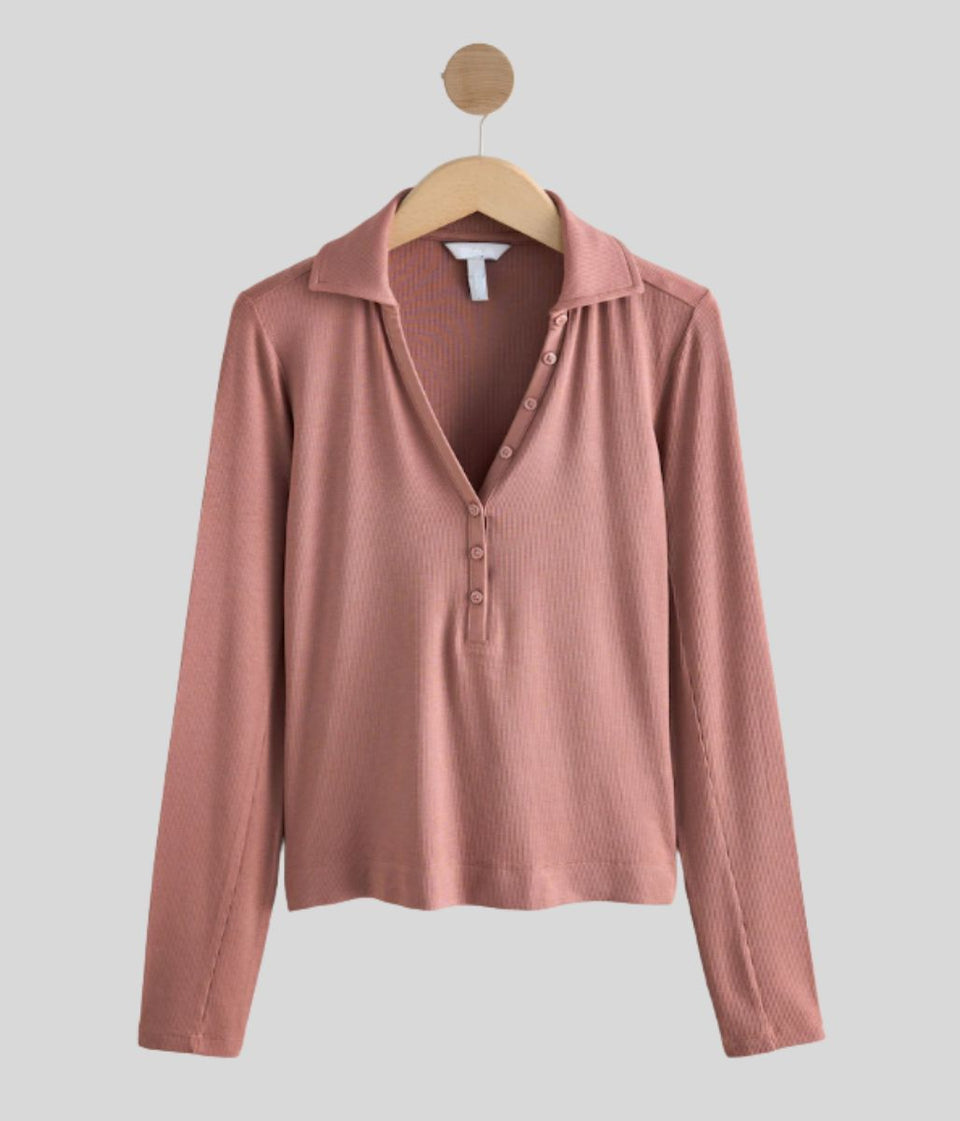 Dusky Pink Ribbed Button Down Collar Polo Top
