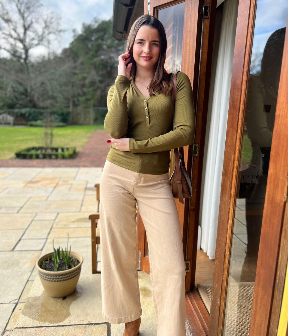 Olive Ribbed Button Down Collar Polo Top