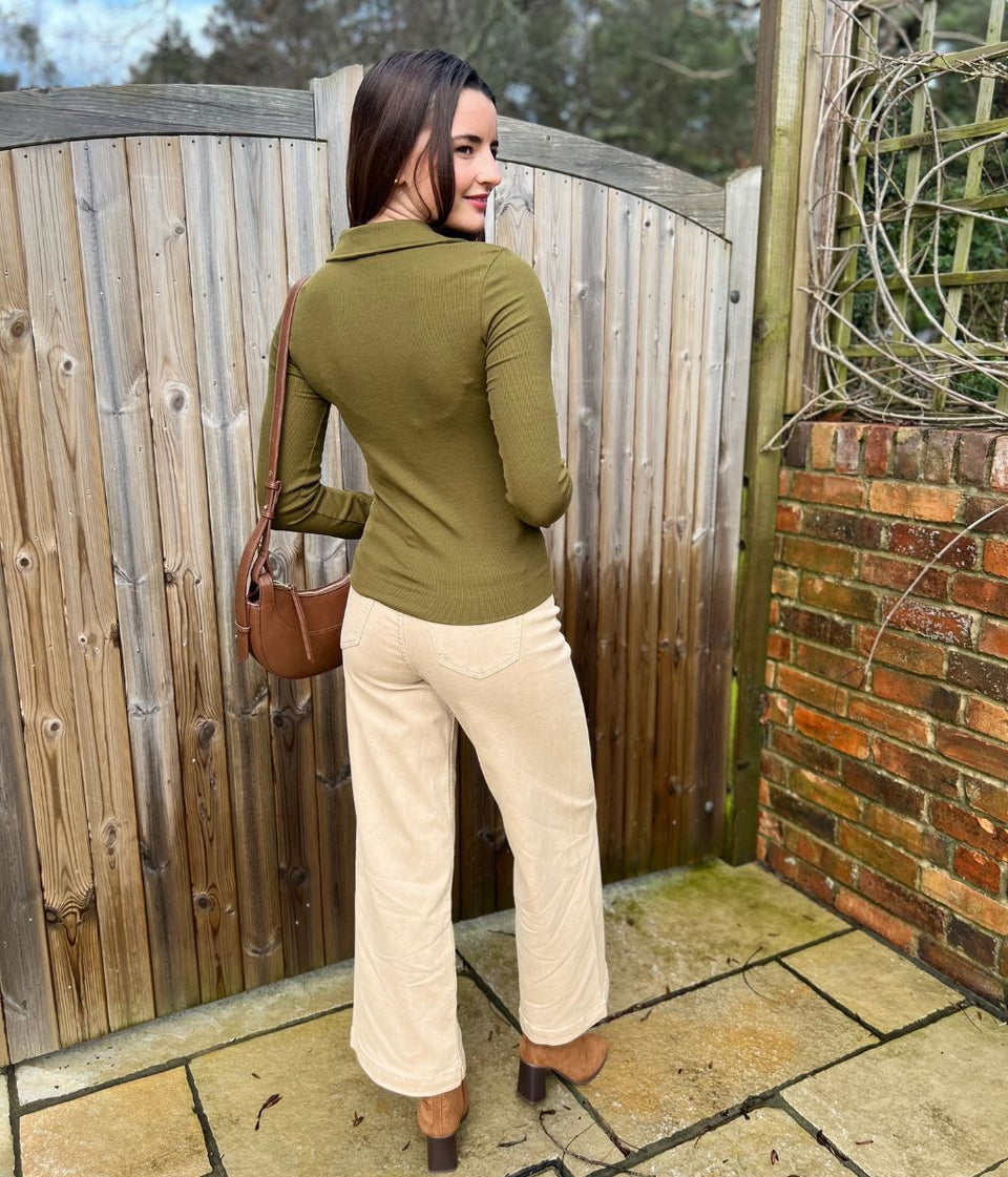 Olive Ribbed Button Down Collar Polo Top