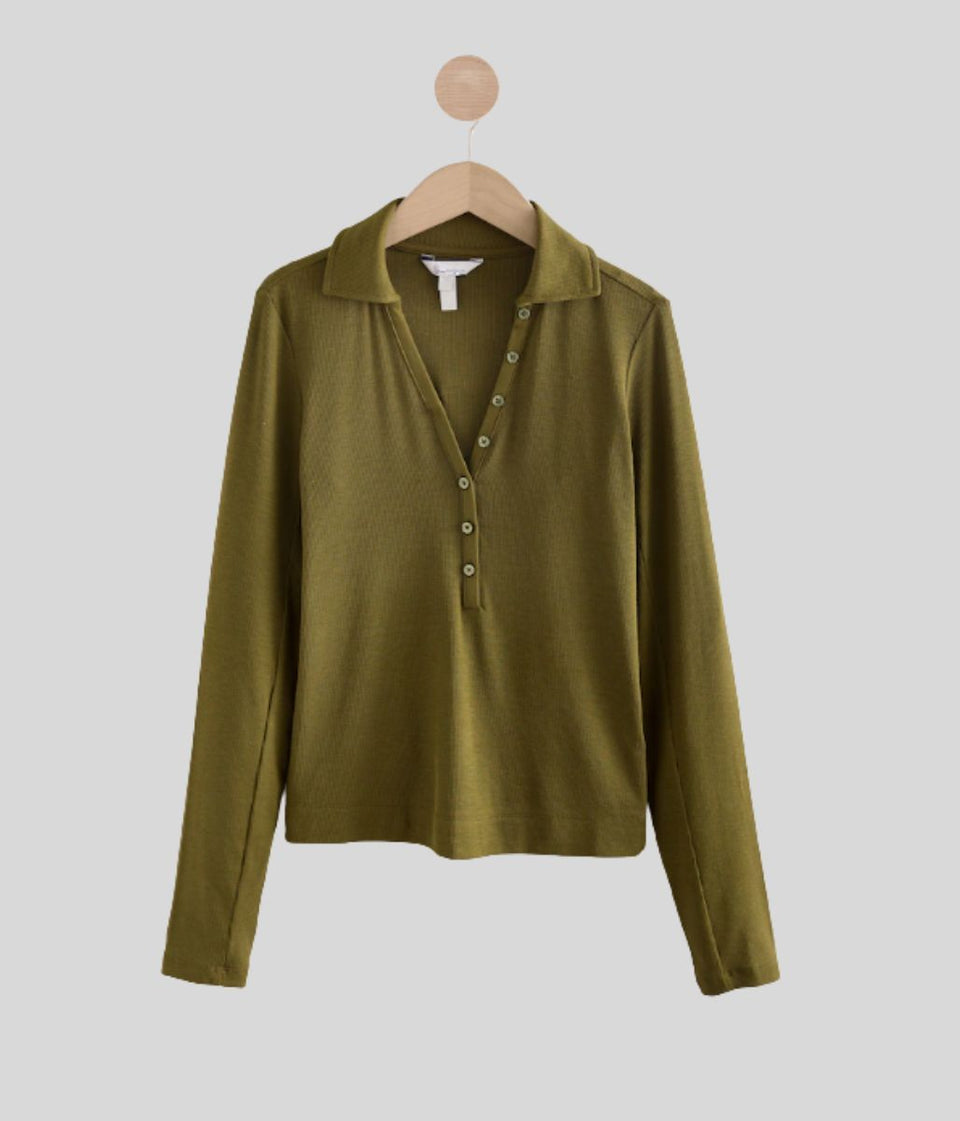Olive Ribbed Button Down Collar Polo Top
