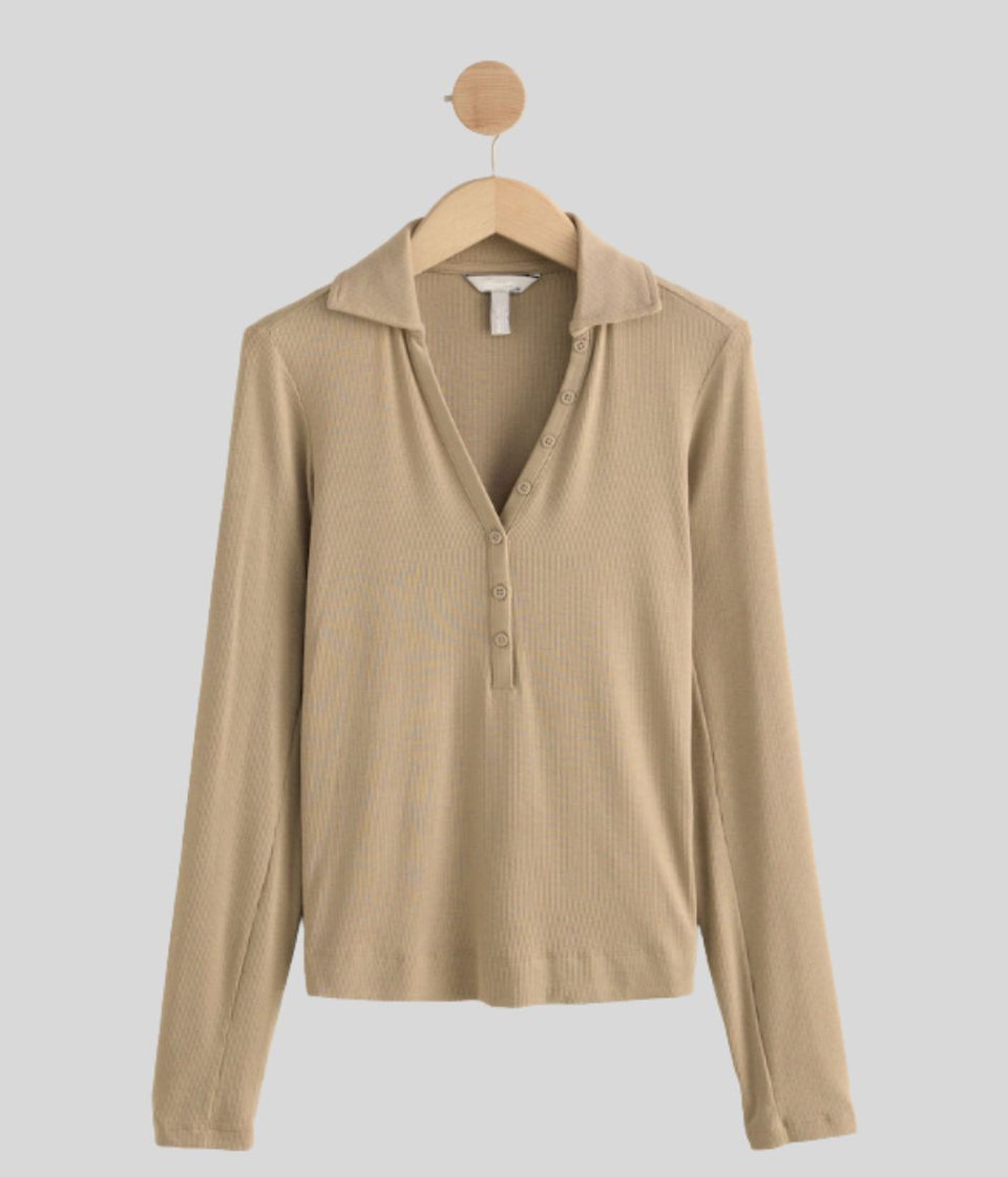 Taupe Ribbed Button Down Collar Polo Top