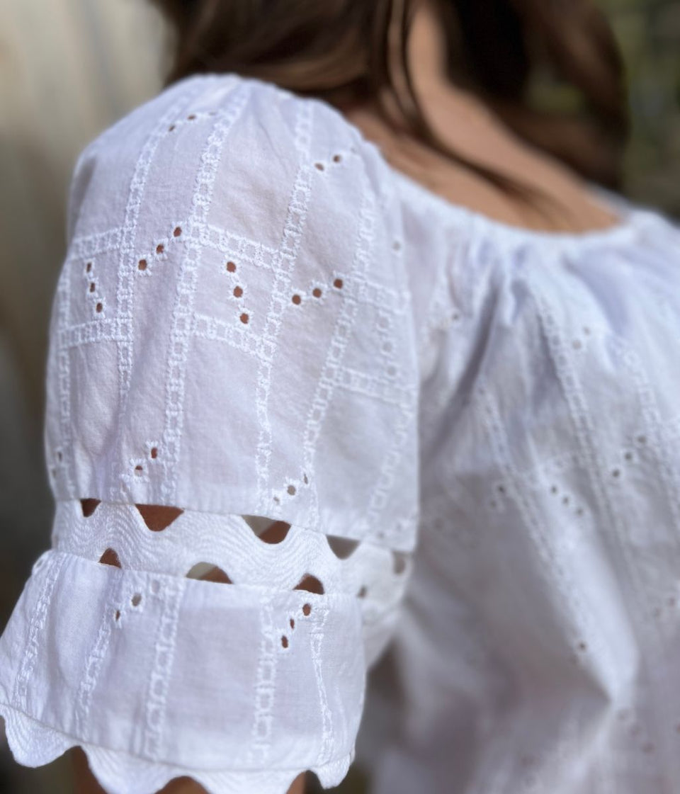 White Broderie Short Sleeve Ric Rac Top