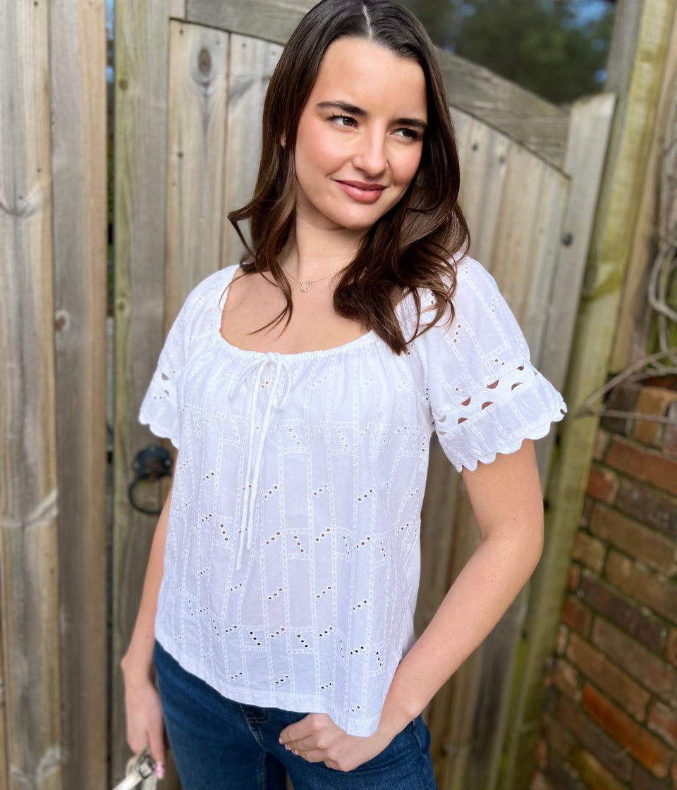 White Broderie Short Sleeve Ric Rac Top