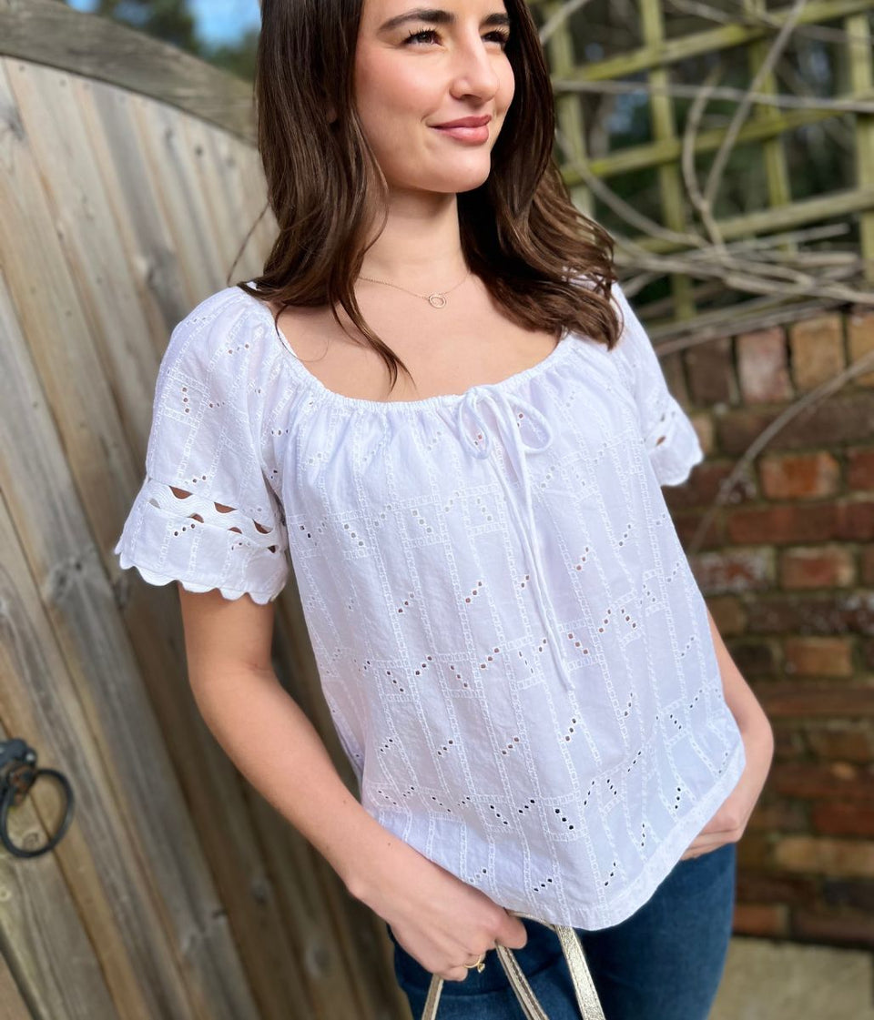 White Broderie Short Sleeve Ric Rac Top