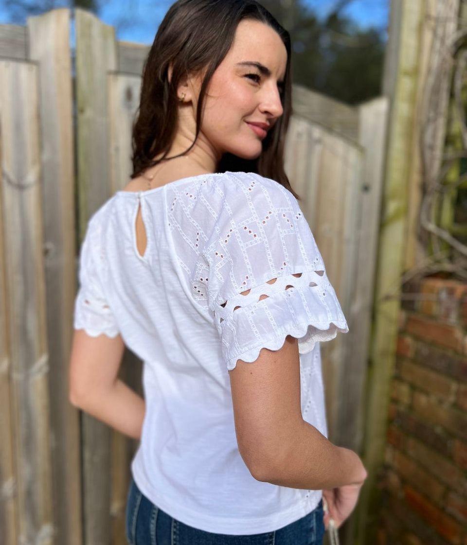 White Broderie Short Sleeve Ric Rac Top