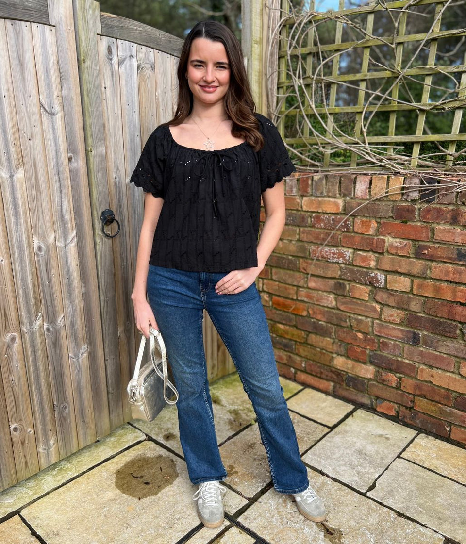 Black Broderie Short Sleeve Ric Rac Top