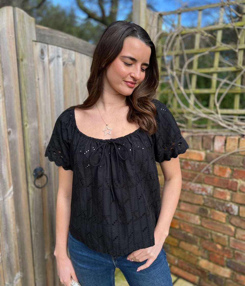 Black Broderie Short Sleeve Ric Rac Top