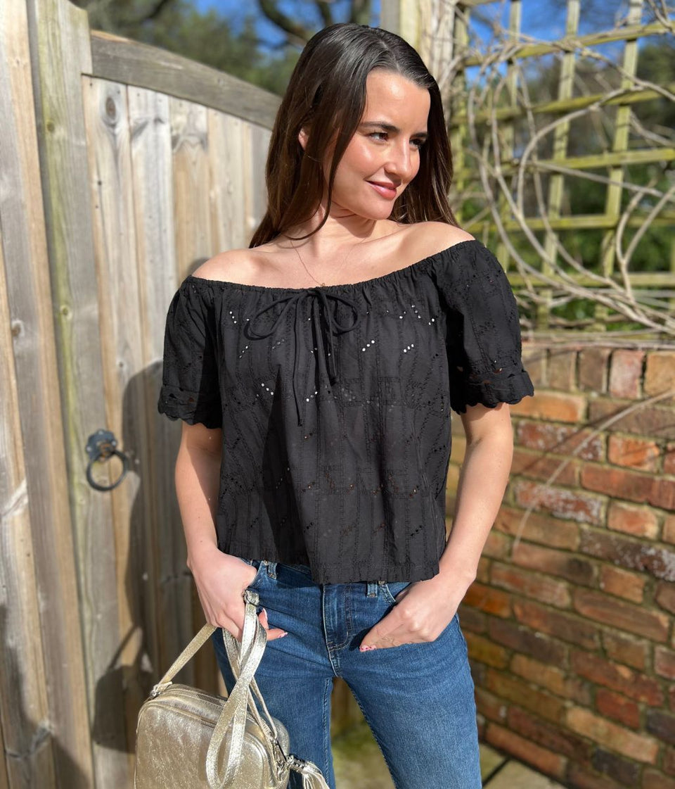 Black Broderie Short Sleeve Ric Rac Top