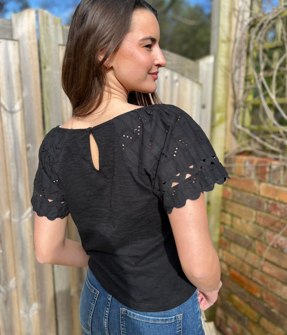 Black Broderie Short Sleeve Ric Rac Top