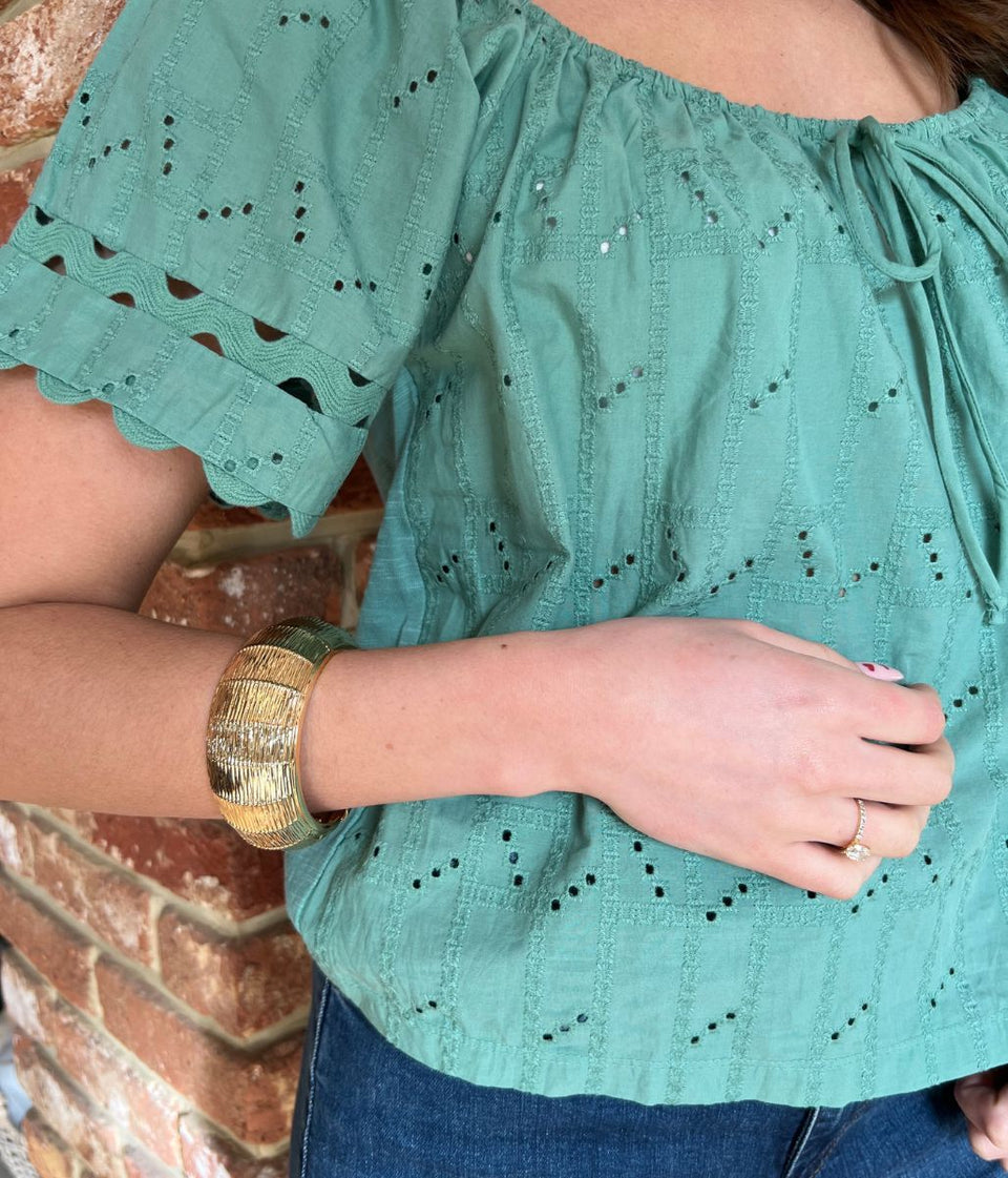 Green Broderie Short Sleeve Ric Rac Top