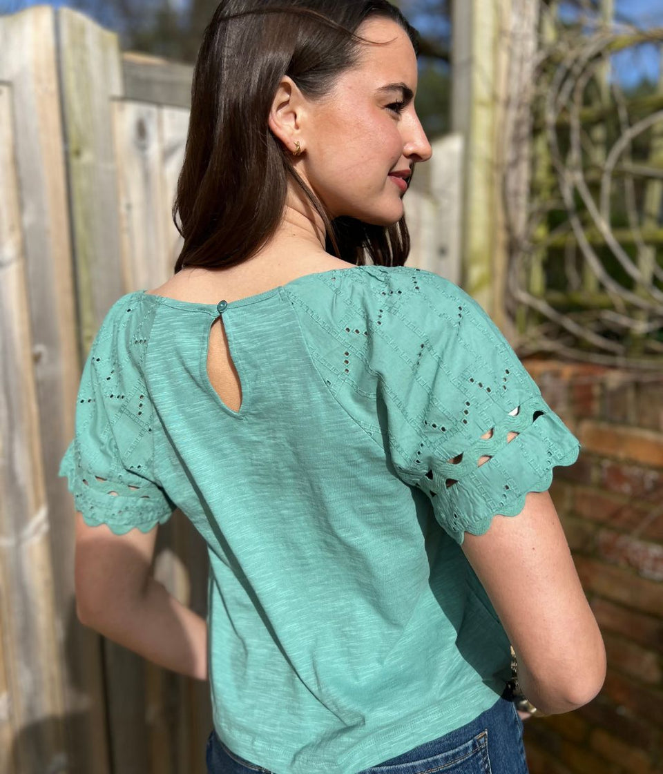 Green Broderie Short Sleeve Ric Rac Top