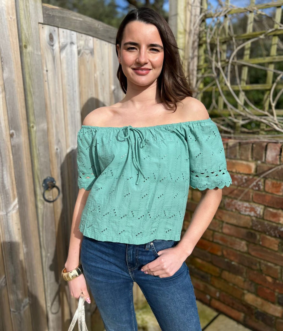 Green Broderie Short Sleeve Ric Rac Top