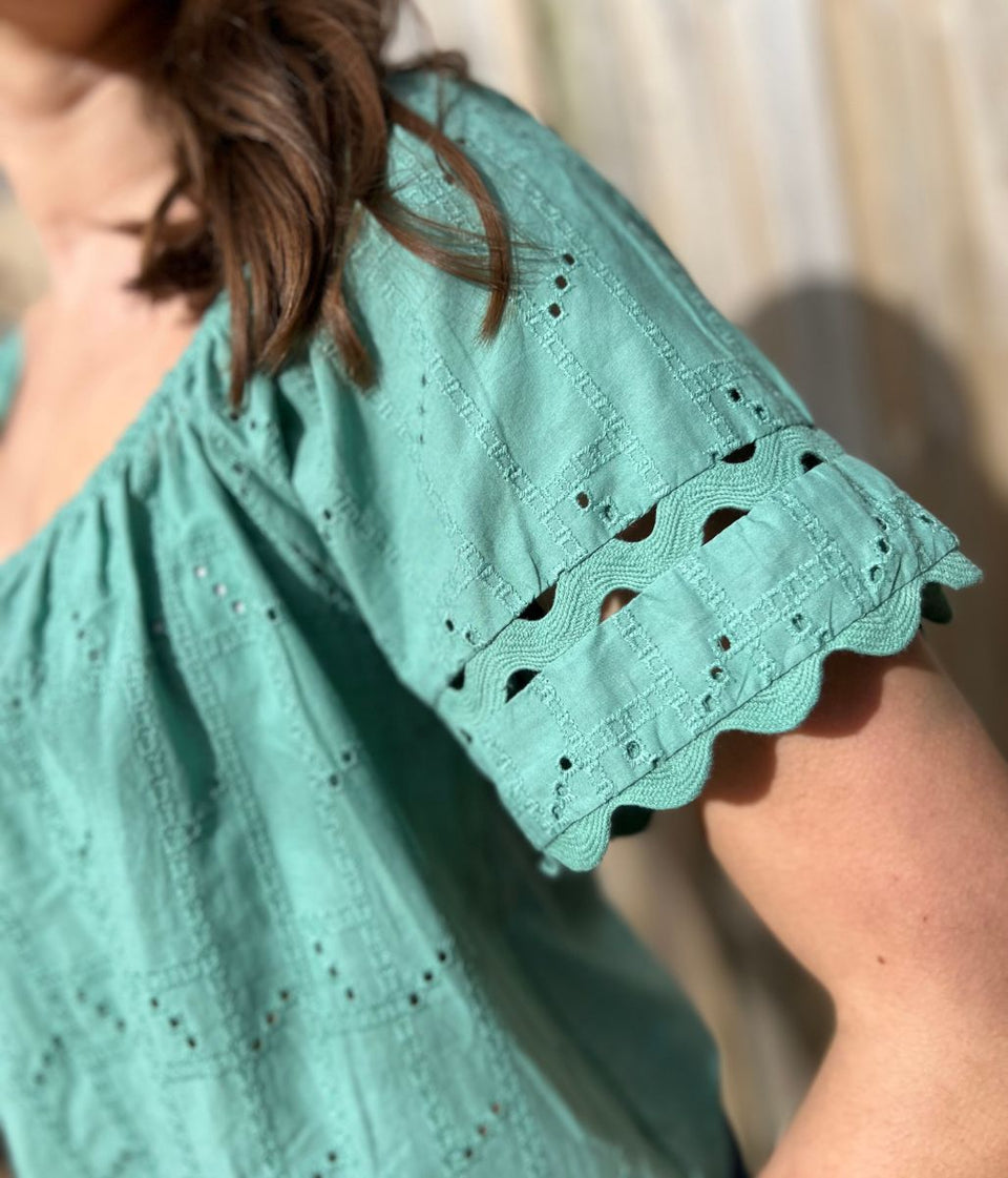 Green Broderie Short Sleeve Ric Rac Top