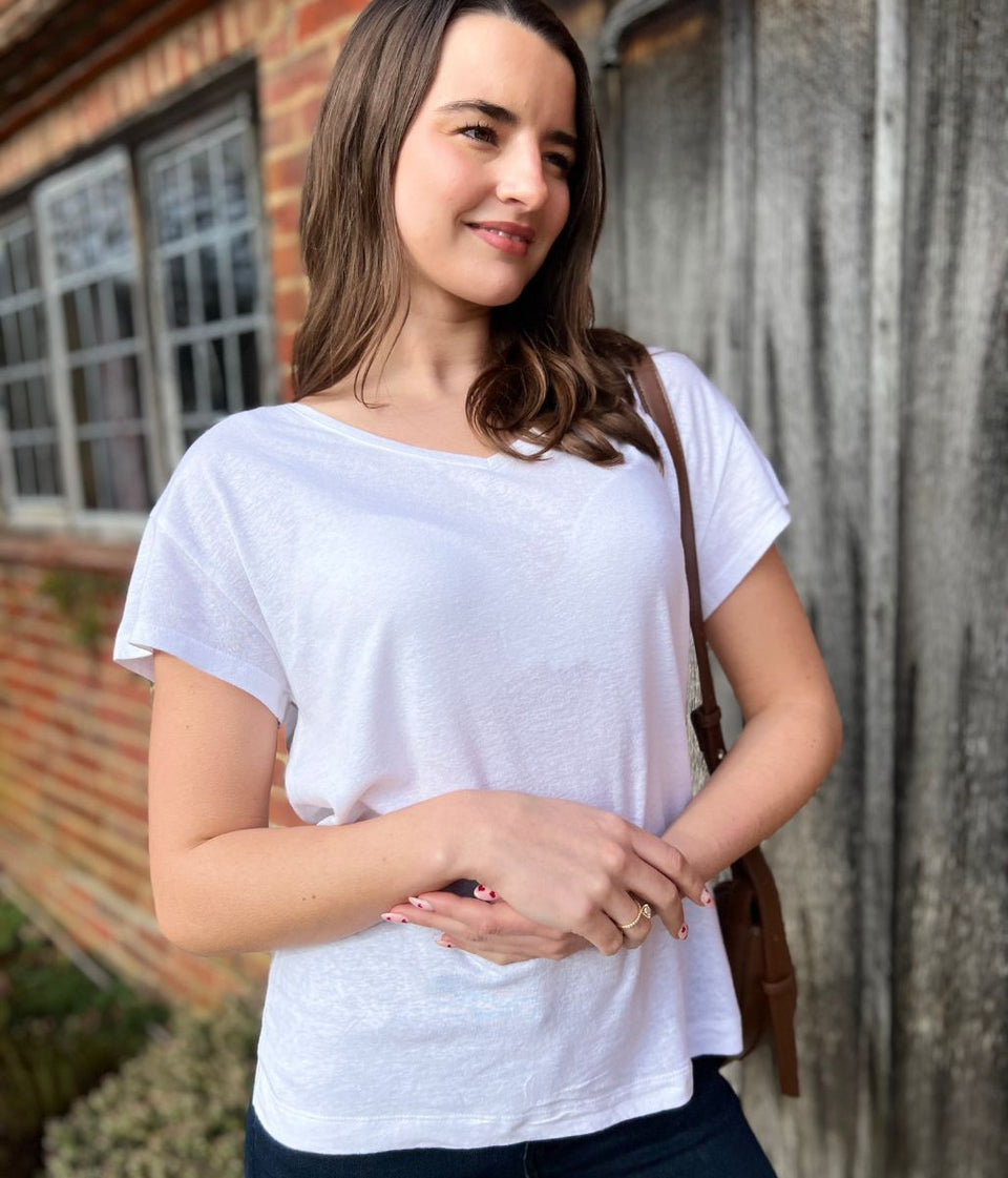 White Linen Blend V Neck T Shirt