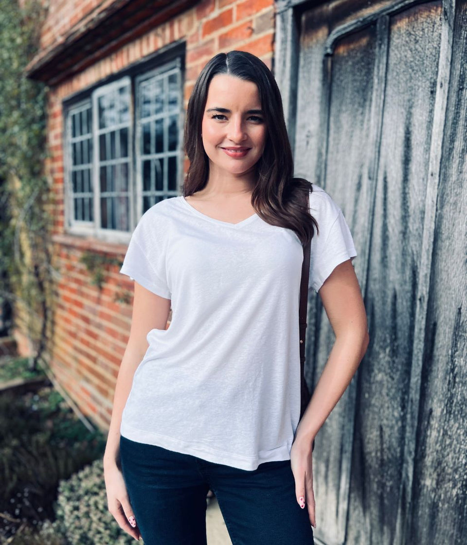 White Linen Blend V Neck T Shirt