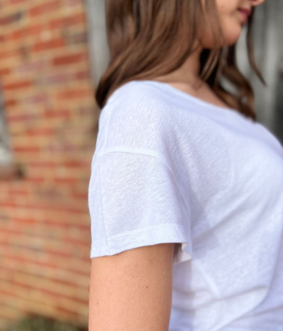 White Linen Blend V Neck T Shirt