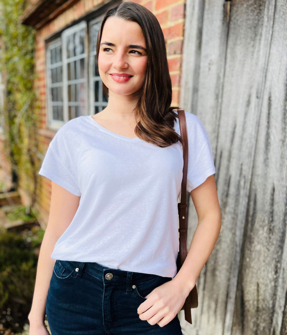 White Linen Blend V Neck T Shirt