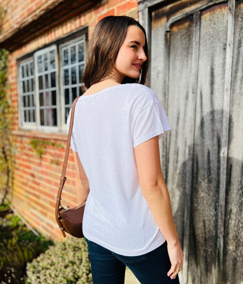 White Linen Blend V Neck T Shirt