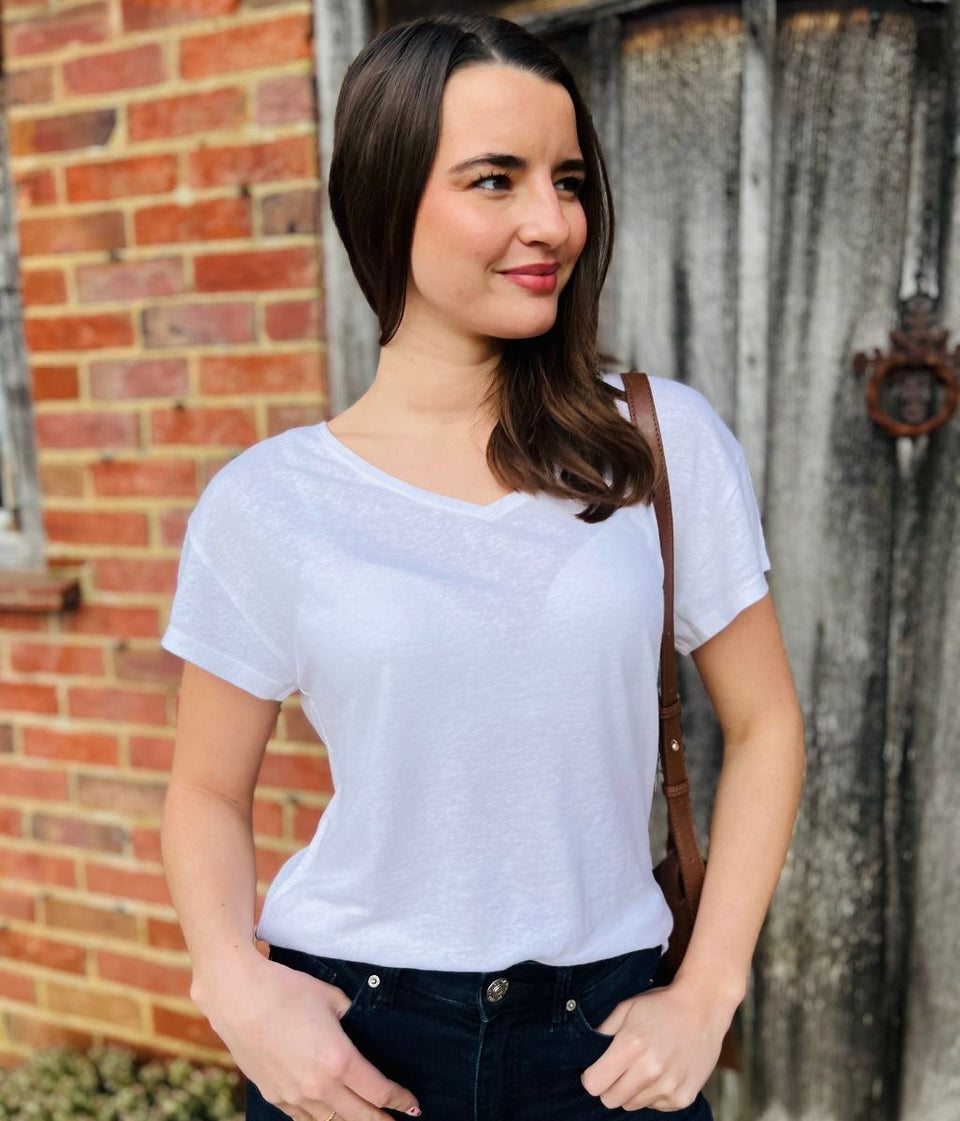 White Linen Blend V Neck T Shirt