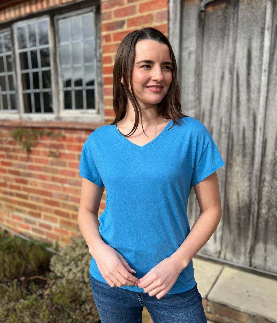 Blue Linen Blend V Neck T Shirt
