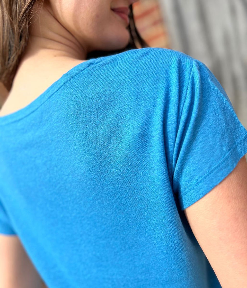 Blue Linen Blend V Neck T Shirt