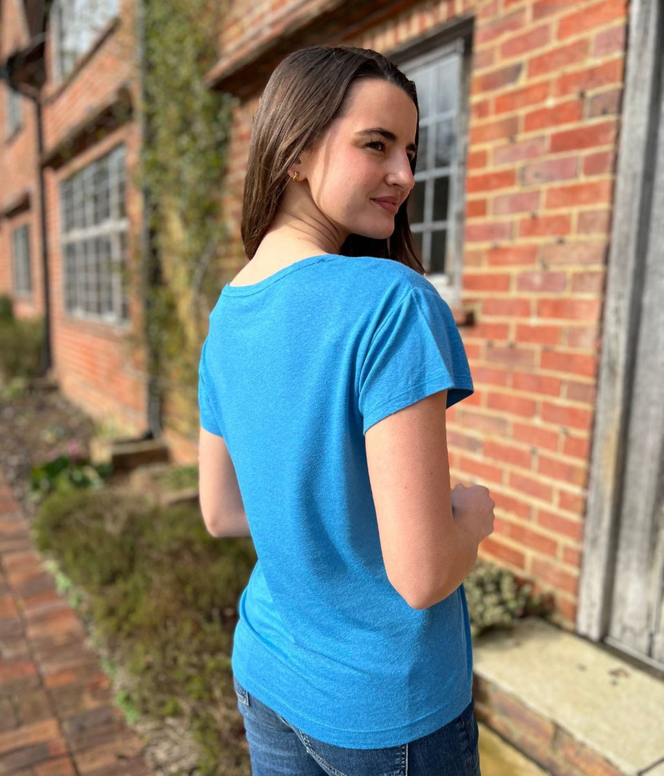 Blue Linen Blend V Neck T Shirt