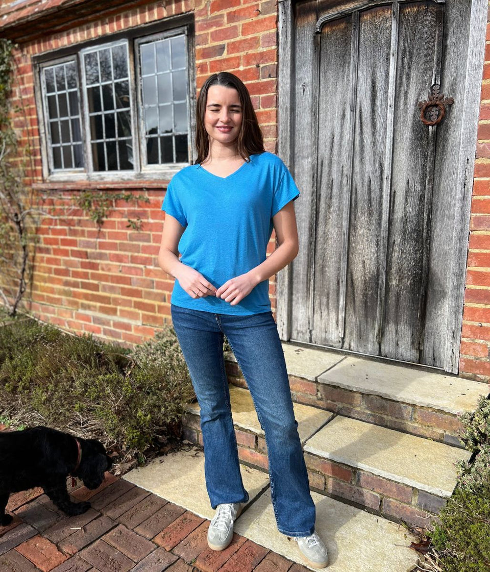Blue Linen Blend V Neck T Shirt