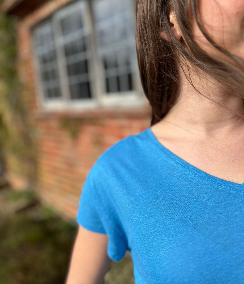 Blue Linen Blend V Neck T Shirt