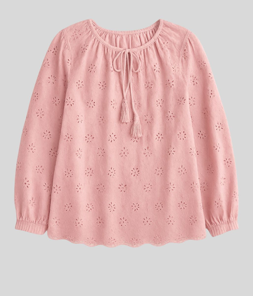 Pink Cotton Broderie Tie Neck Top