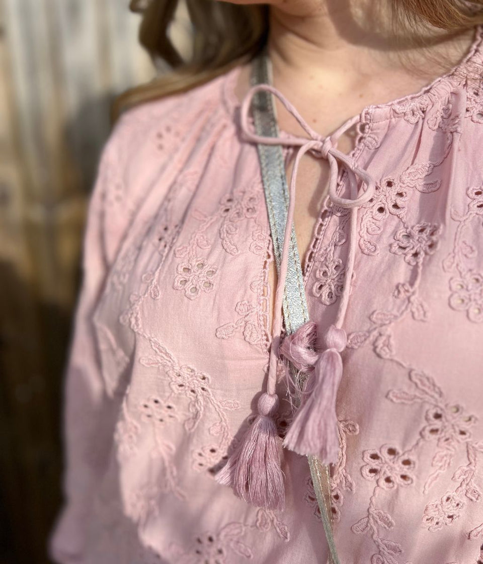 Pink Cotton Broderie Tie Neck Top