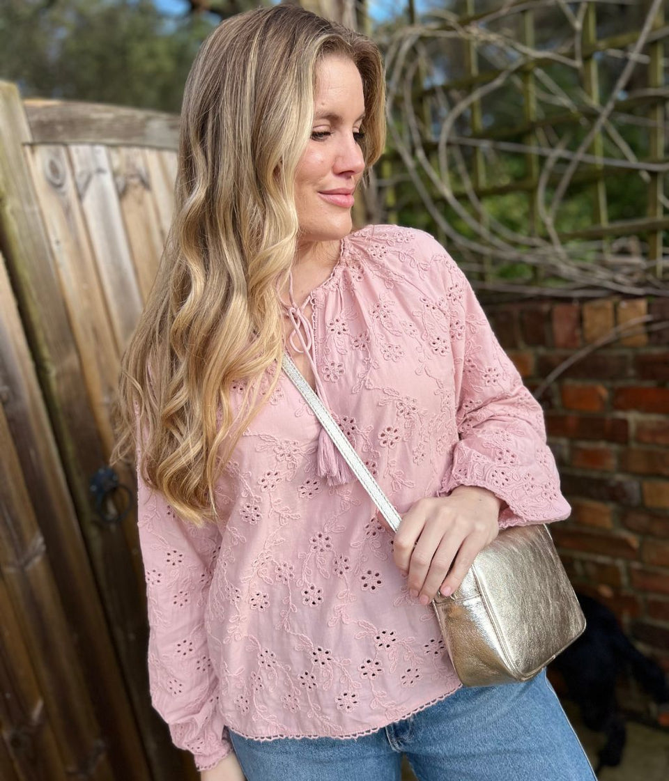Pink Cotton Broderie Tie Neck Top