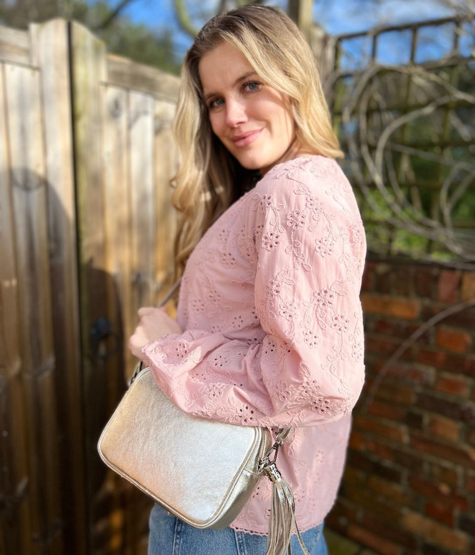 Pink Cotton Broderie Tie Neck Top