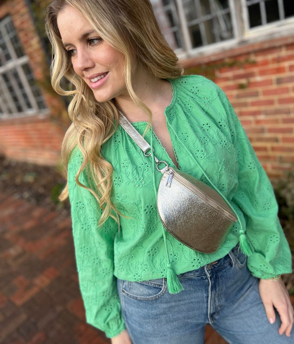 Green Cotton Broderie Tie Neck Top