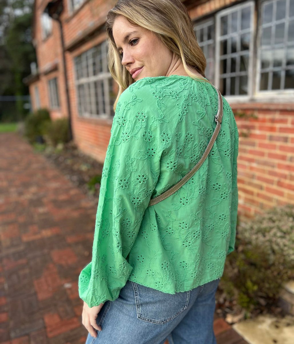 Green Cotton Broderie Tie Neck Top
