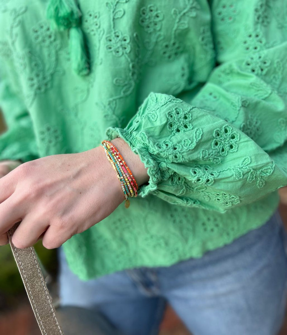 Green Cotton Broderie Tie Neck Top