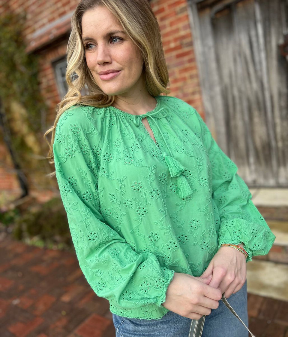 Green Cotton Broderie Tie Neck Top