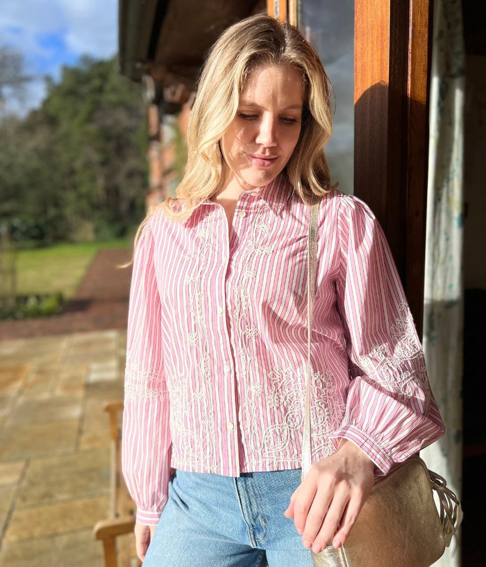 Pink Striped Embroidered Shirt