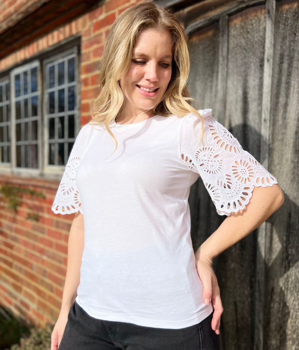 White Anglais Detail Sleeve Cotton Top