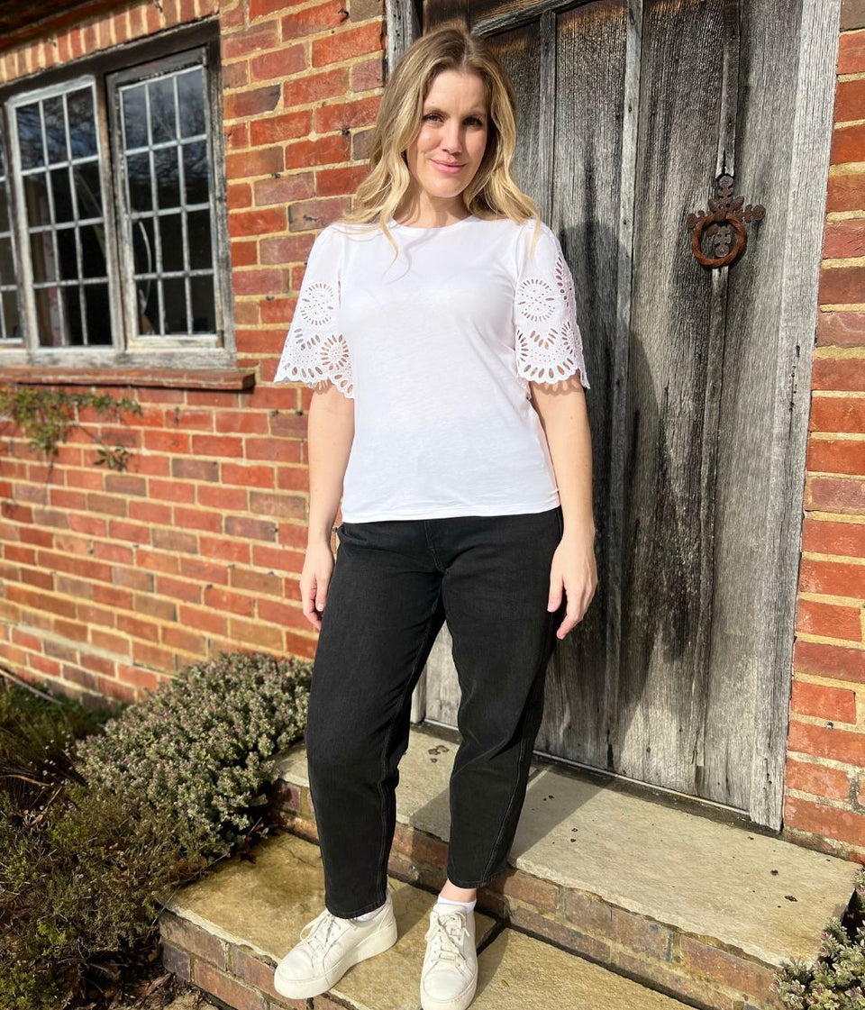 White Anglais Detail Sleeve Cotton Top