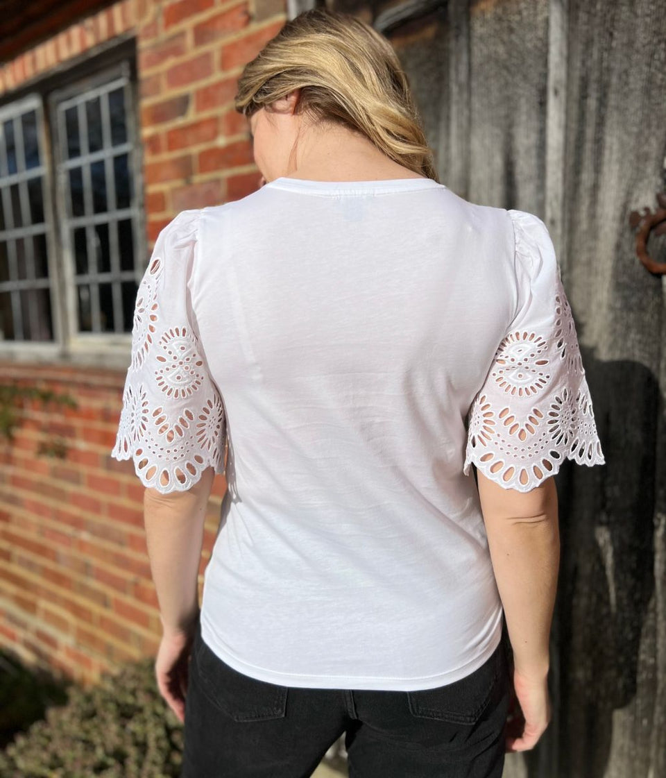 White Anglais Detail Sleeve Cotton Top
