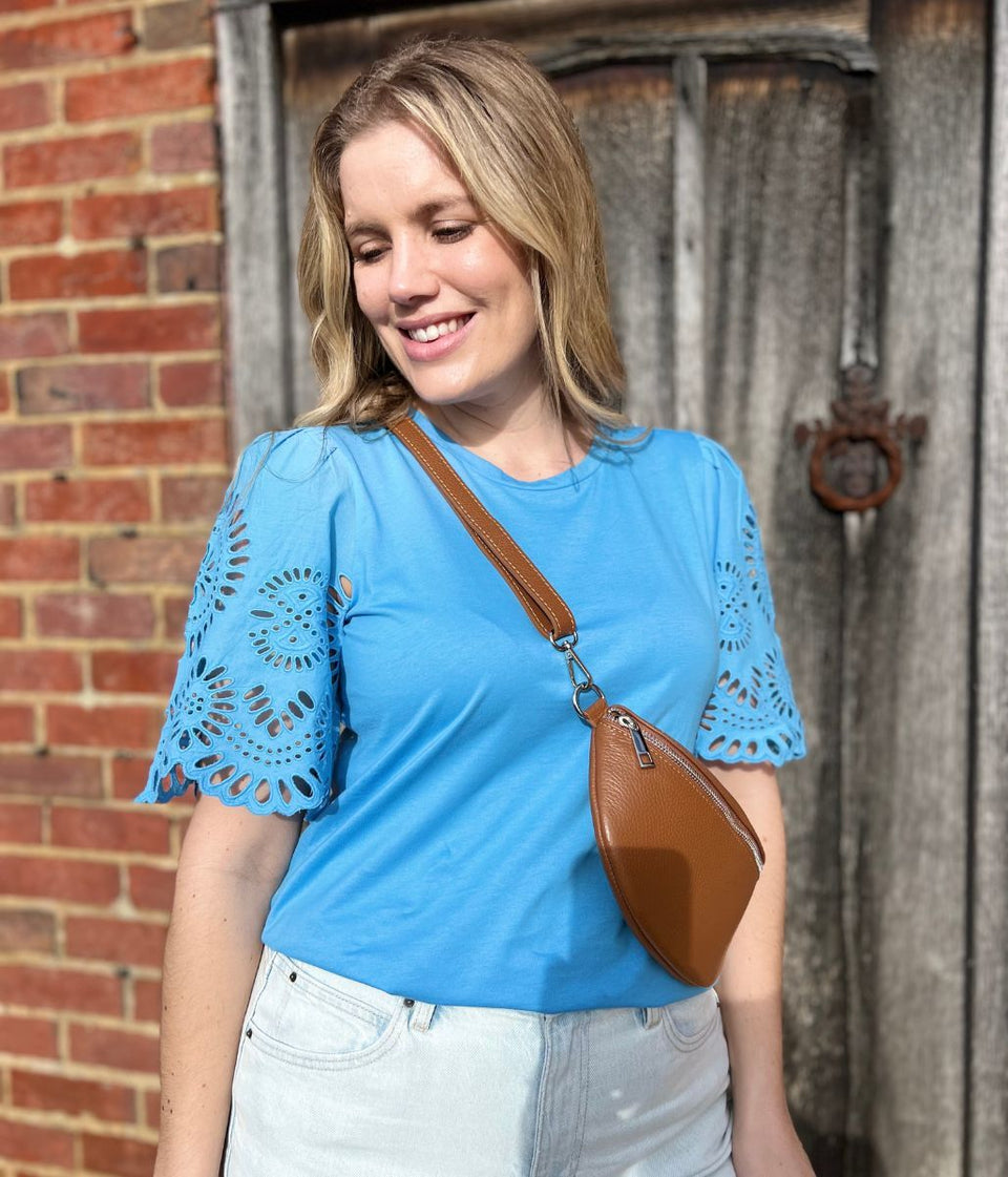 Blue Anglaise Detail Sleeve Cotton Top